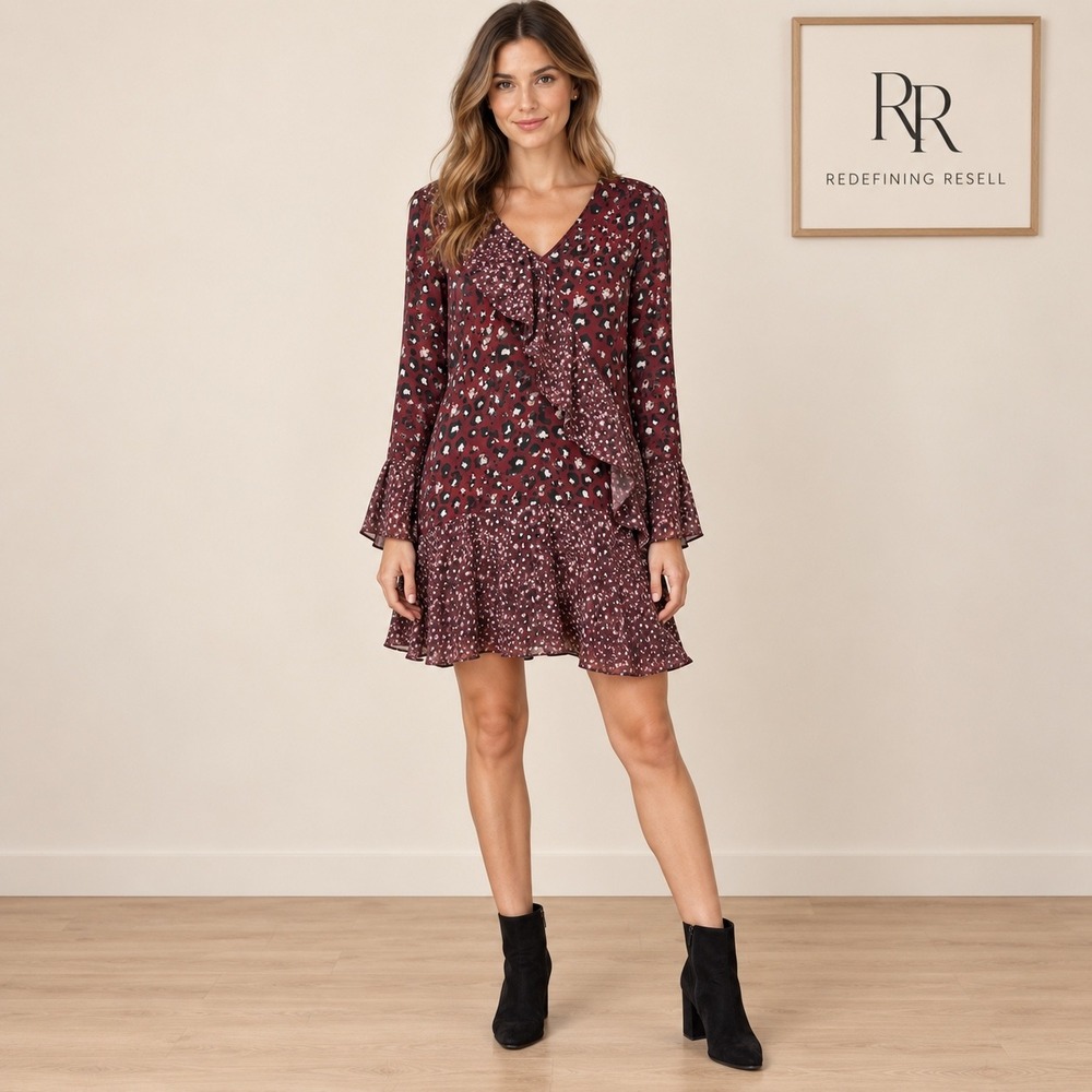 Parker Burgundy Silk Blend Mixed Leopard Print Ruffle Mini Dress Small P8I4918SB